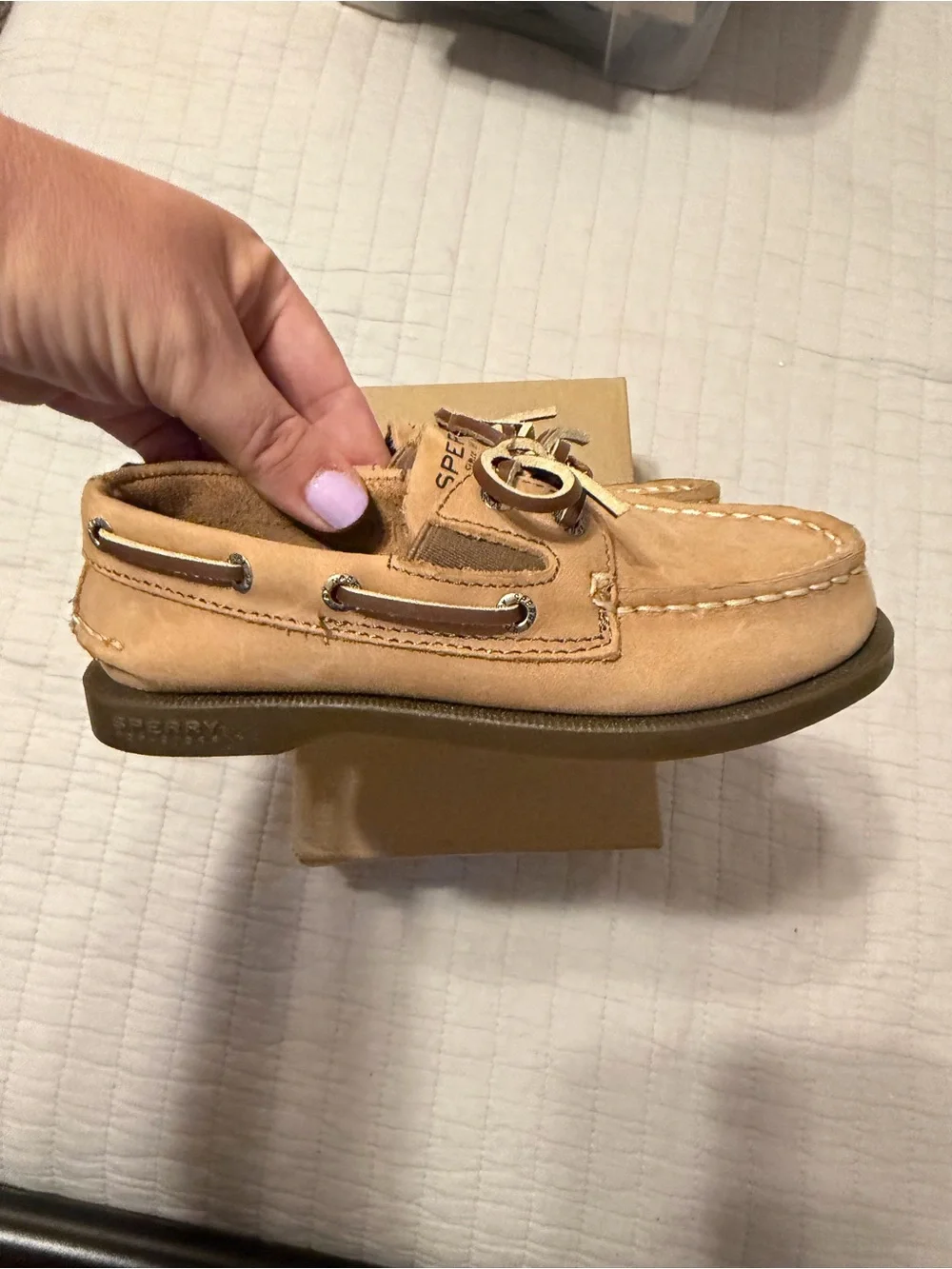 Sperry Kids Tan Leather Boat Shoes with Navy Insole